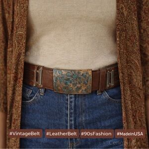 Vintage 90s Streets Ahead Wide Leather Belt Copper Verdigris Buckle Fits Small